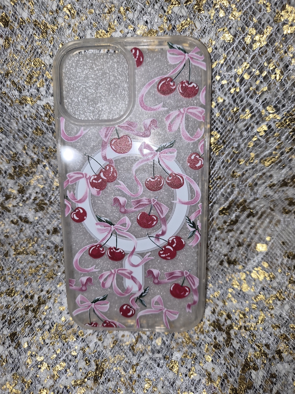 Case Iphone 15 Clear Cherry Print Phone Case with Pink Accents